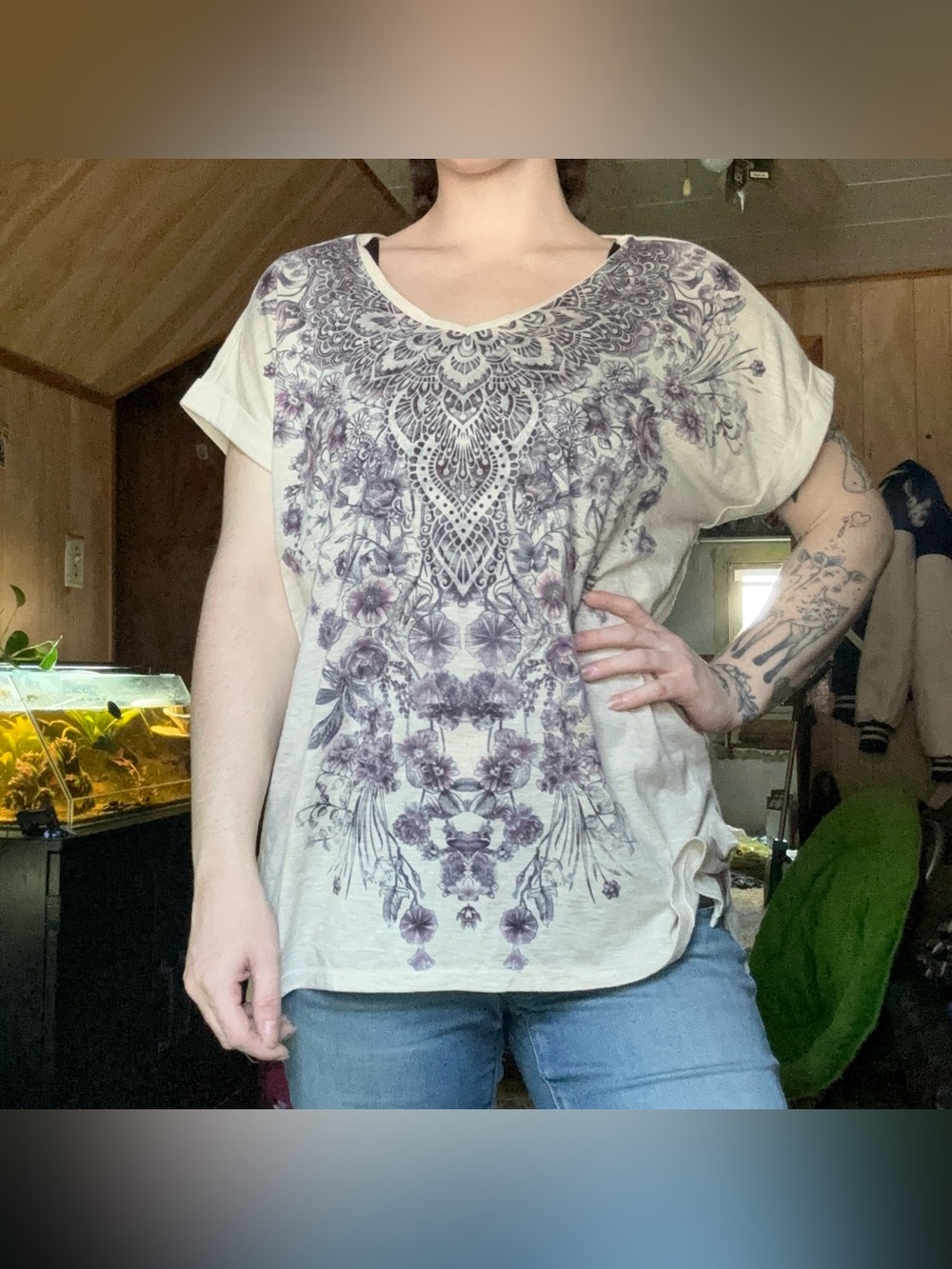 Style & Co Boho Purple Floral Abstract Graphic Cream Cuffed Short Sleeve Shirt